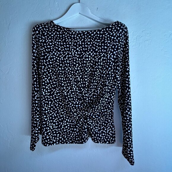 Tahari Women Black White Polka Dot Long Sleeve Knot Front Top Large Stretch NWOT - Picture 1 of 7